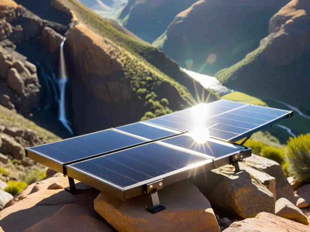 Paneles solares portátiles para exploradores desplegándose en la montaña soleada, capturando la unión de tecnología y naturaleza