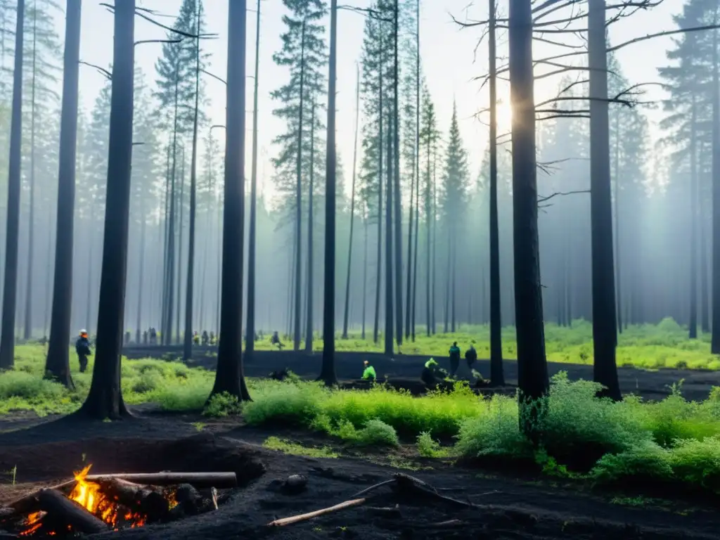 Panorama de bosque calcinado con vegetación emergente y restauración ecológica post incendios forestales