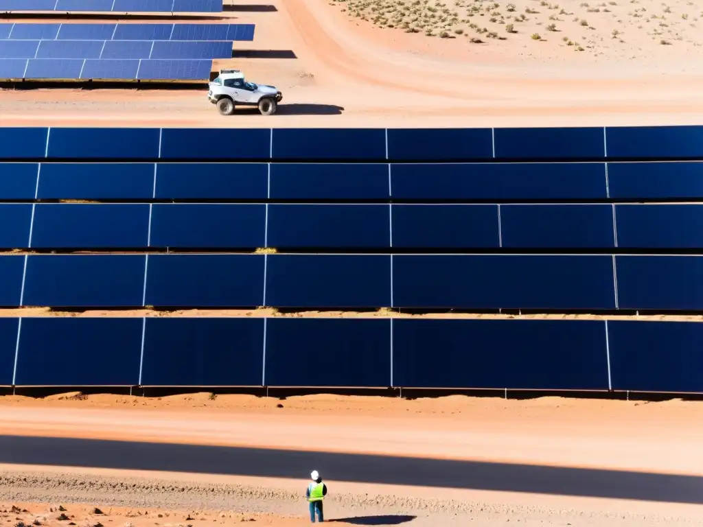 Granja solar: innovación y sostenibilidad en el desierto Un panorama de una extensa granja solar bajo un cielo azul claro