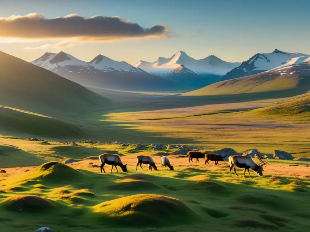 Panorama de la tundra con colinas verdes, flores silvestres y montañas nevadas, iluminado por la cálida luz dorada del atardecer