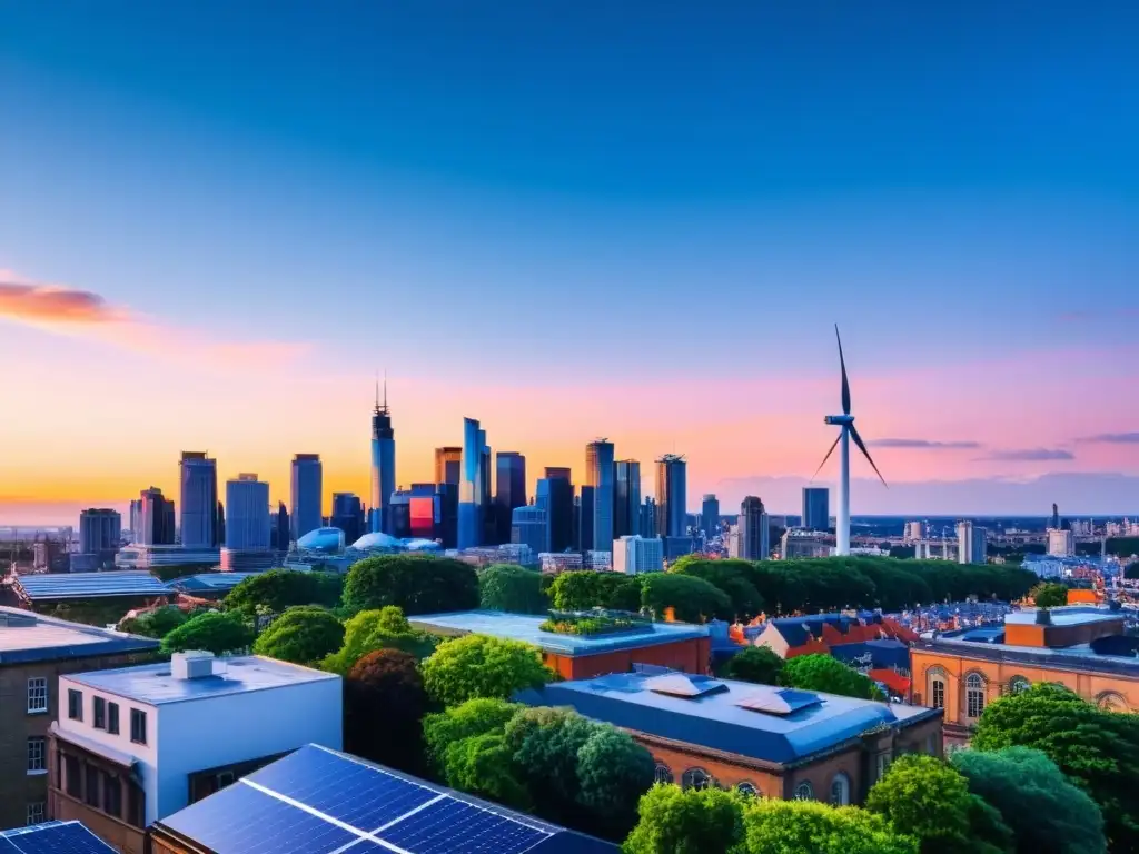 Una panorámica de la ciudad muestra un horizonte moderno y verde, con energía renovable
