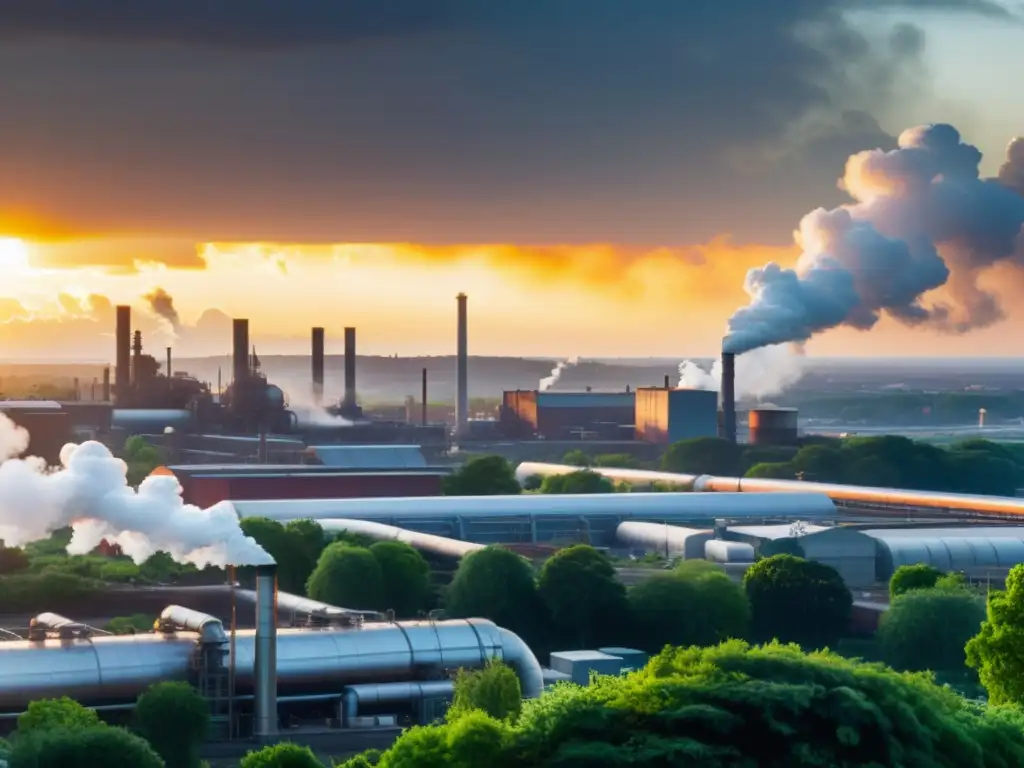 Horizonte industrial: contraste entre contaminación y naturaleza Panorámica de ciudad industrial con humo y contraste de naturaleza, evocando cambio climático en empresas
