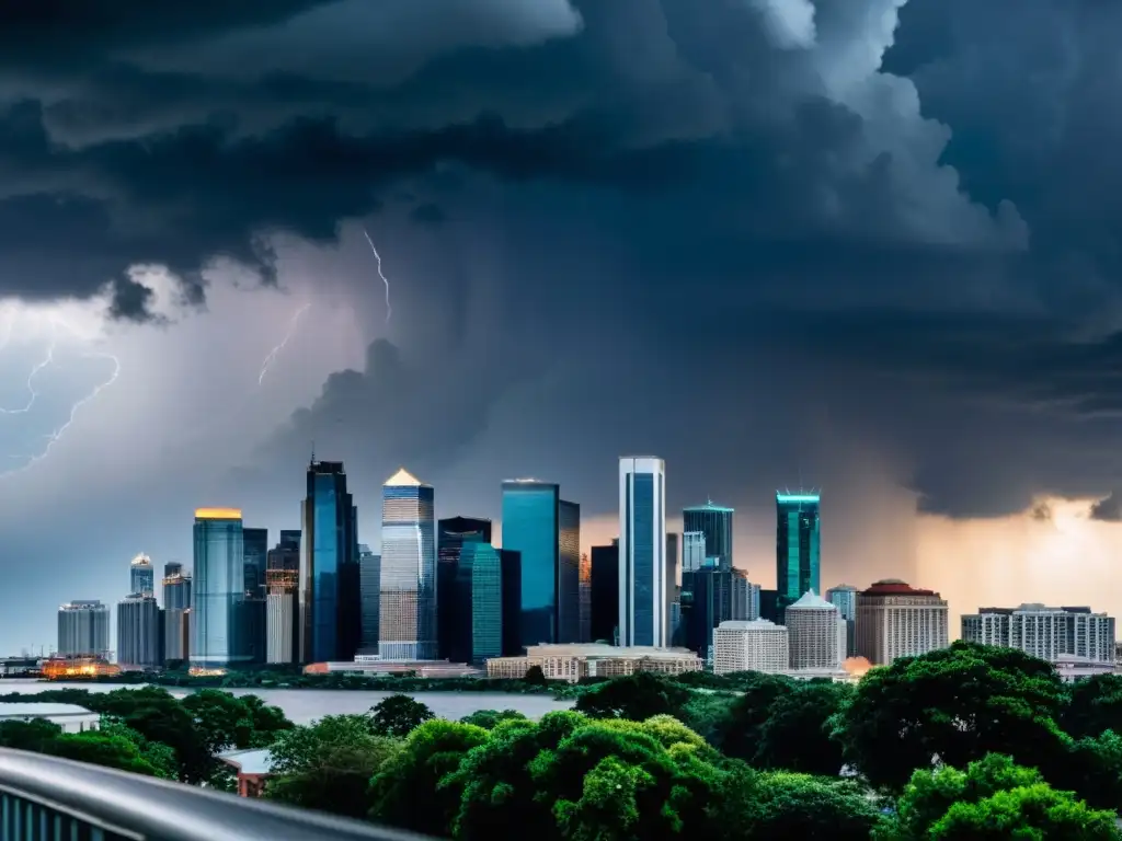 Panorámica de una ciudad con nubes de tormenta, simbolizando el impacto de las finanzas climáticas redefiniendo riesgo inversiones