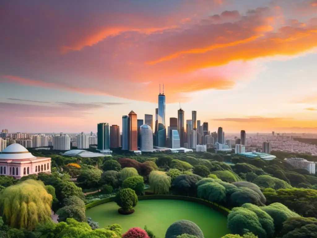 Panorámica de una ciudad sostenible al atardecer con rascacielos y parques verdes, reflejando la coexistencia armónica