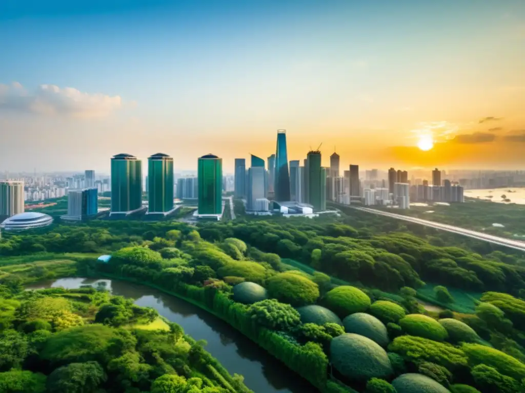 Panorámica de una ciudad sostenible con rascacielos, naturaleza y energía renovable