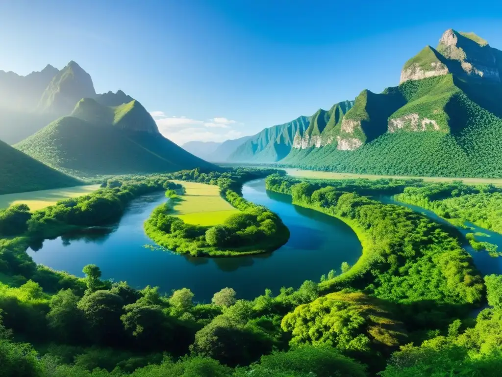 Panorámica de un ecosistema exuberante y diverso, con vida silvestre, río serpenteante y montañas majestuosas