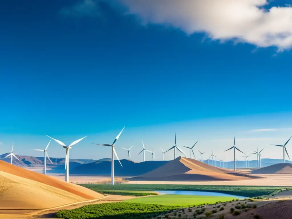 Panorámica de energía renovable en diferentes climas: molinos de viento, paneles solares y presas hidroeléctricas en paisajes diversos