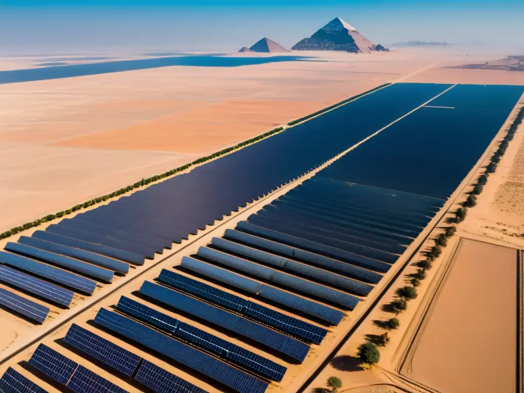 Panorámica del extenso Parque Solar Benban en Egipto, con paneles solares relucientes en el desierto