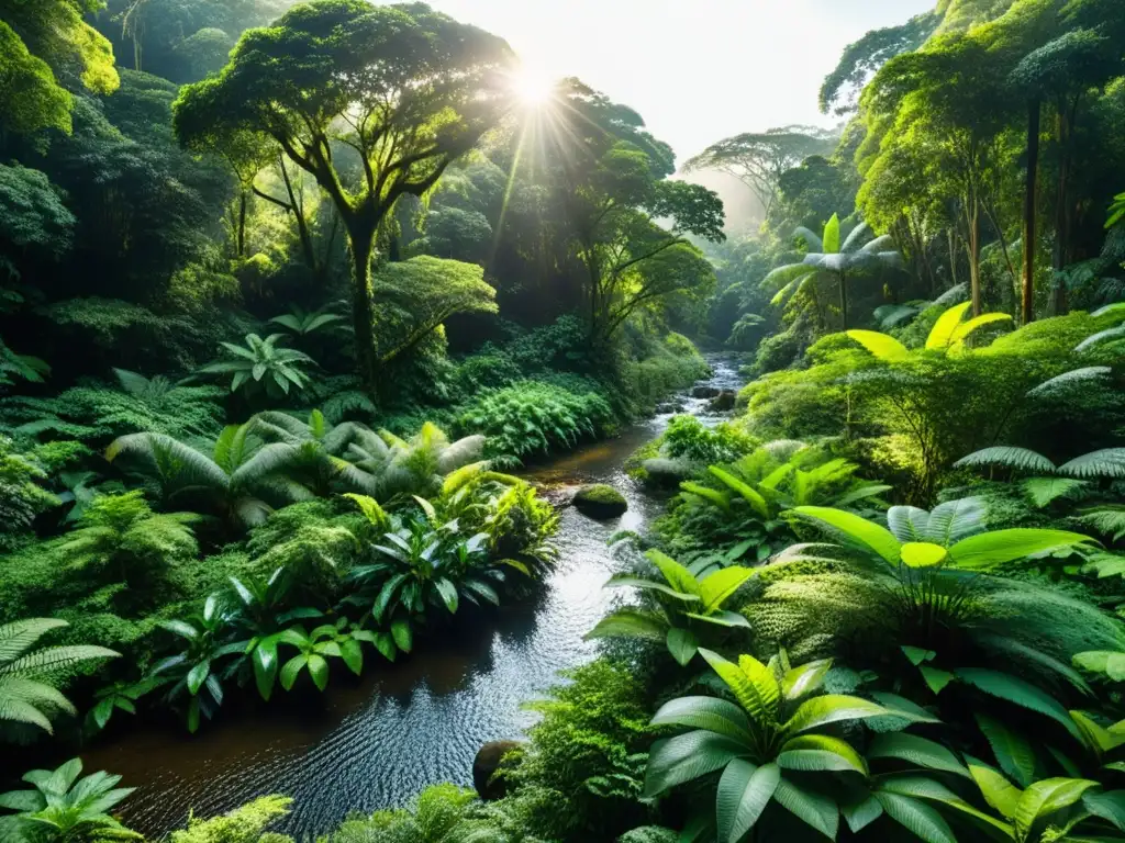 Panorámica de exuberante selva tropical, con diversa vegetación y vida silvestre