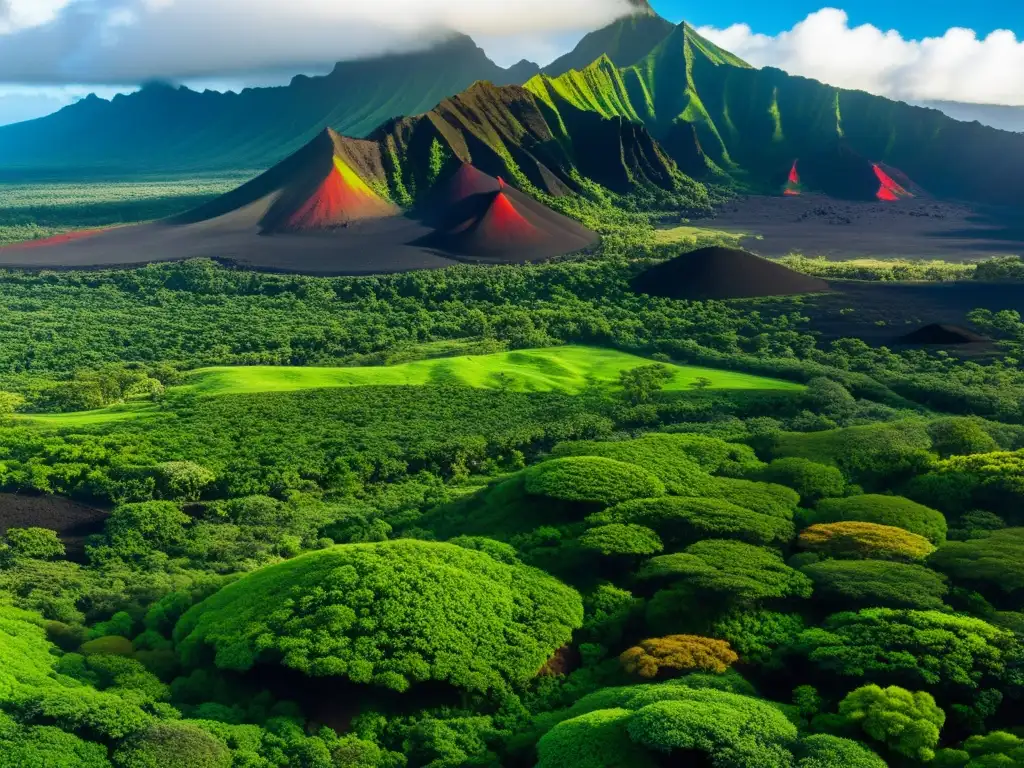Panorámica de los exuberantes ecosistemas de Hawai, con montañas volcánicas de fondo y una diversa vida vegetal en primer plano