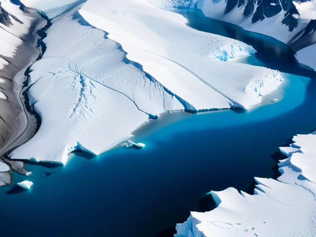 Panorámica de un glaciar con hielo en tonos indigo y blanco, evidenciando la desaparición de glaciares por el cambio climático