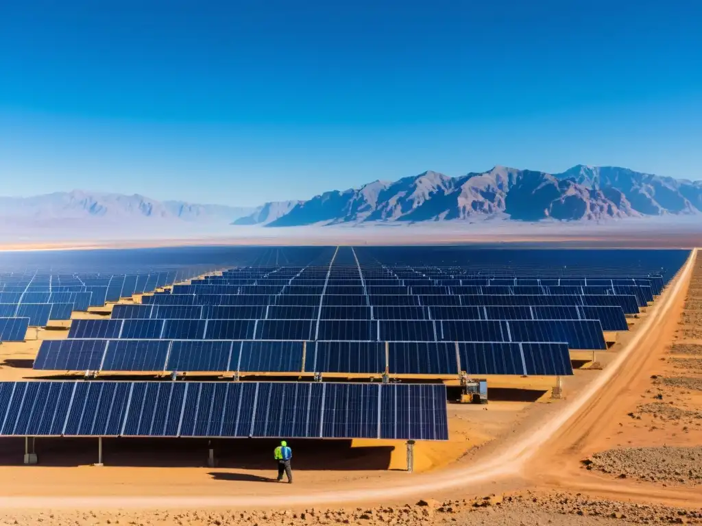 Panorámica de granja solar en desierto con ingenieros y técnicos realizando inspecciones meticulosas