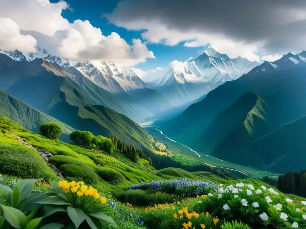 Panorámica impresionante de la cordillera del Himalaya con flora alpina vibrante, destacando la biodiversidad única del Himalaya