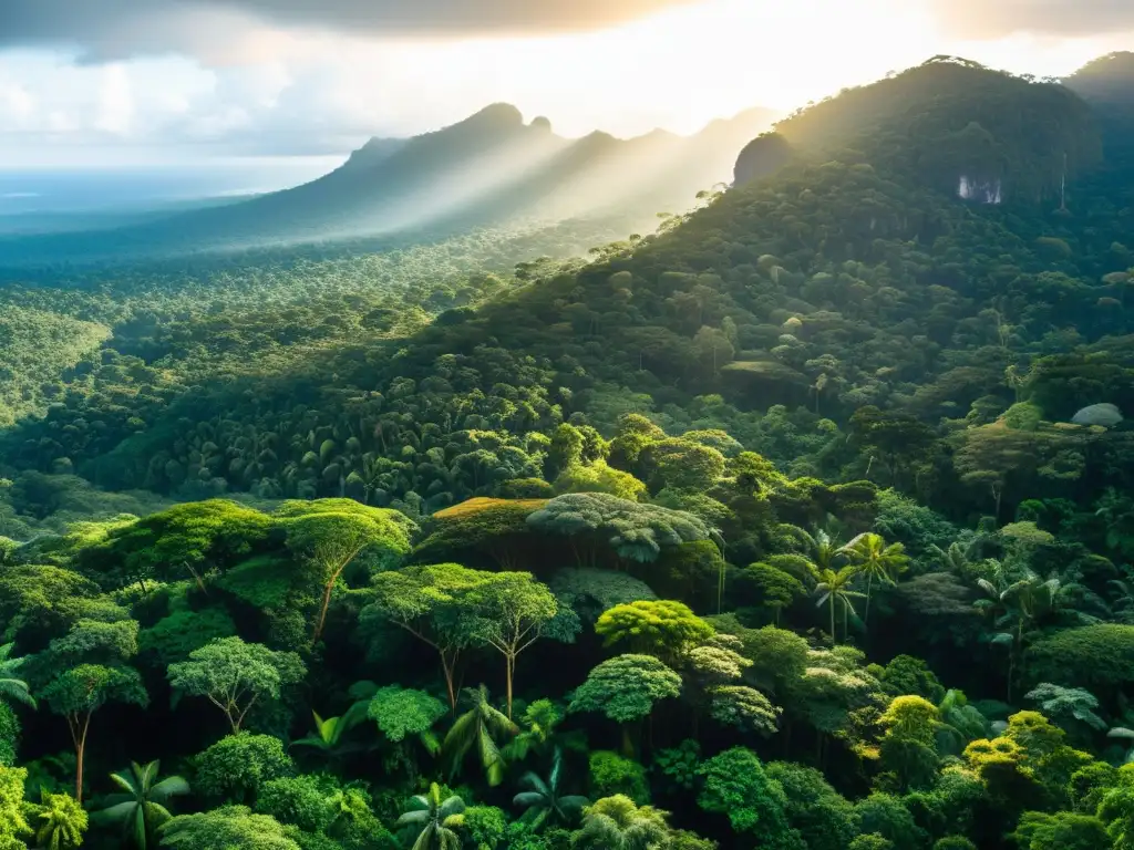 Una panorámica impresionante de un exuberante dosel de selva tropical, lleno de vida y color