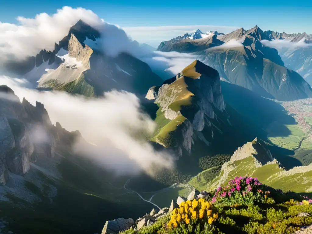 Panorámica impresionante de montañas con flora alpina, cóndores majestuosos y ecosistemas montaña en peligro