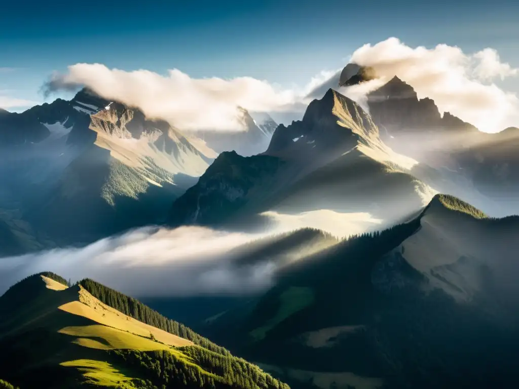 Panorámica de majestuosa cordillera envuelta en niebla, con luz solar entre nubes, creando sombras dramáticas en picos escarpados