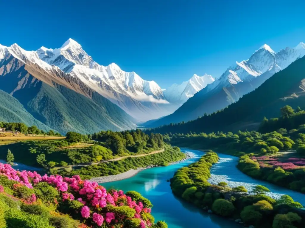 Panorámica del majestuoso Himalaya, con picos nevados y biodiversidad única del Himalaya en primer plano