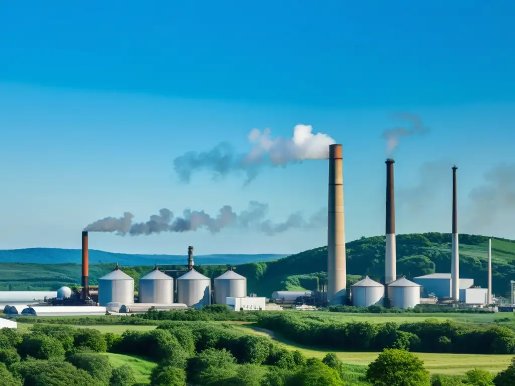 Panorámica de una moderna instalación industrial rodeada de exuberante vegetación y cielos azules