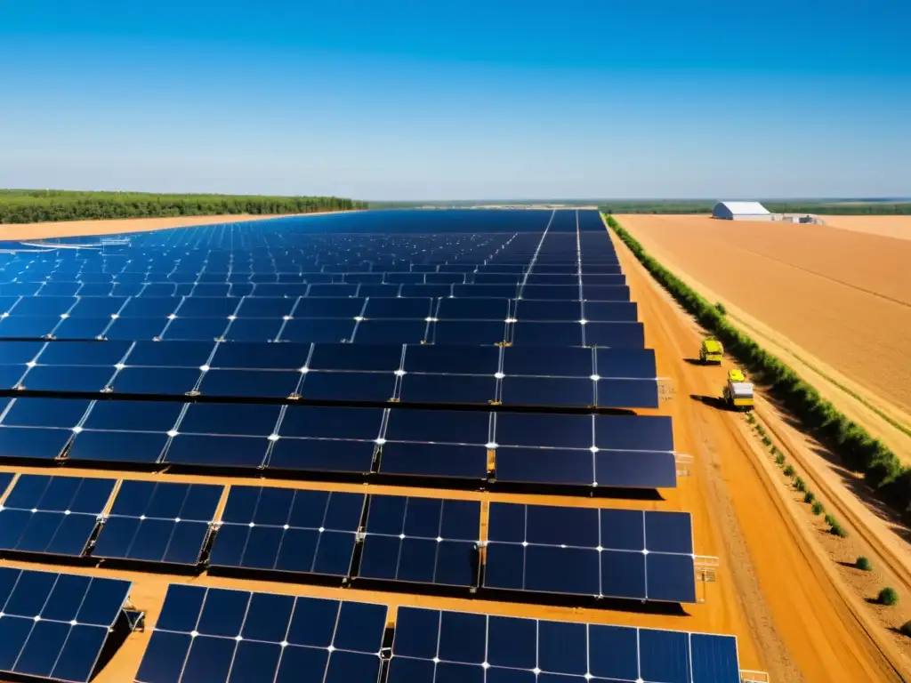 Panorámica de una planta de energía solar con paneles fotovoltaicos bajo un cielo azul