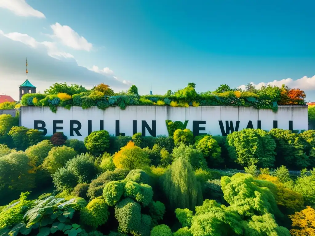 Panorámica de restos del Muro de Berlín entre exuberante vegetación, mostrando el impacto en los ecosistemas tras su caída