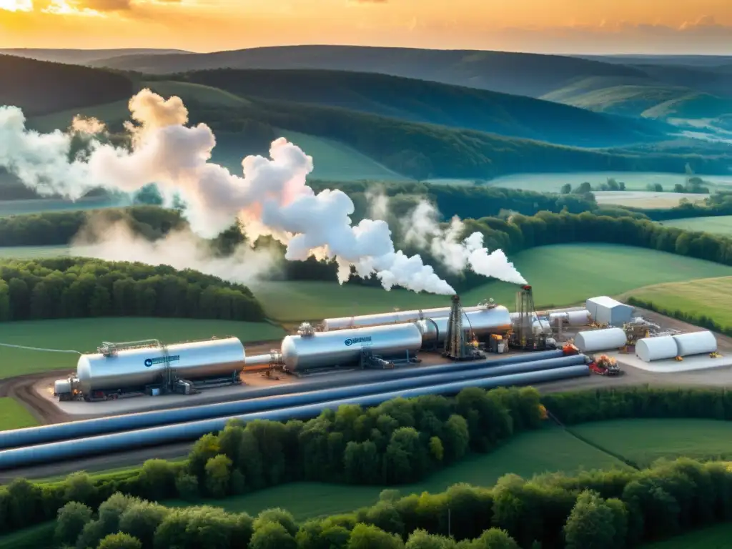 Panorámica de un sitio de fracking al atardecer, destacando la maquinaria industrial y el impacto ambiental