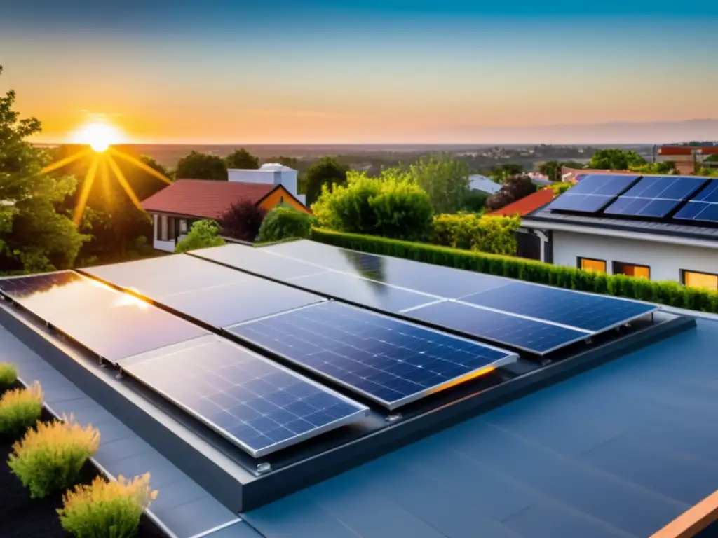 Panorámica de un techo residencial cubierto de paneles solares con el sol poniéndose, creando un cálido resplandor dorado sobre el vecindario