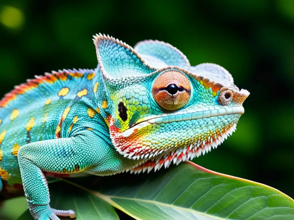 Un camaleón pantera en la exuberante selva de Madagascar, con escamas vibrantes y mirada fija, capturando la fauna secreta de Madagascar