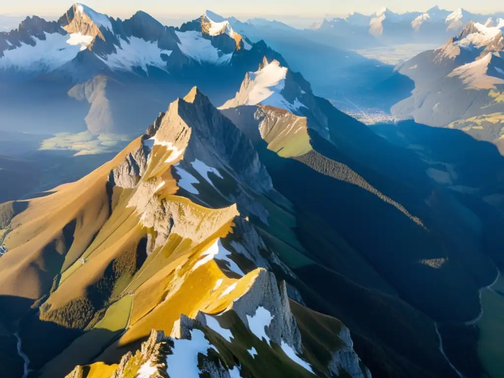 Par de águilas doradas planeando sobre picos europeos nevados al atardecer, en un paisaje de belleza salvaje para aves rapaces en los picos europeos