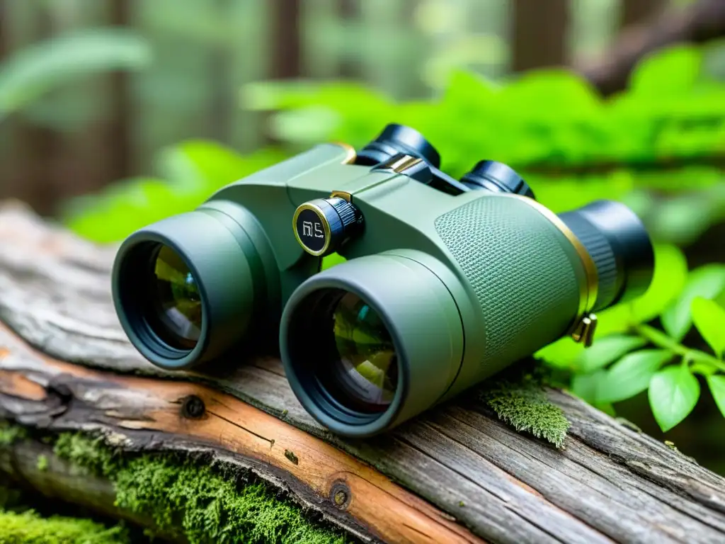 Par de binoculares en un bosque templado, sobre un tronco cubierto de musgo, con detalles ultra nítidos