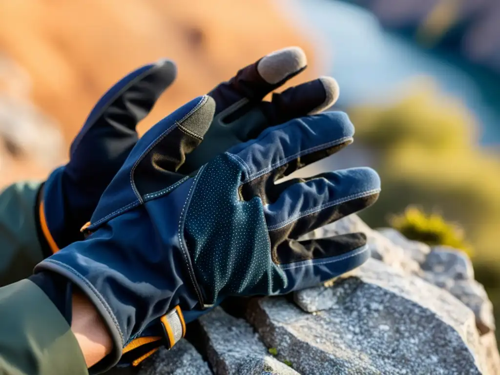 Un par de guantes de escalada con refuerzos en las palmas y dedos, mostrando detalles de costura y materiales resistentes