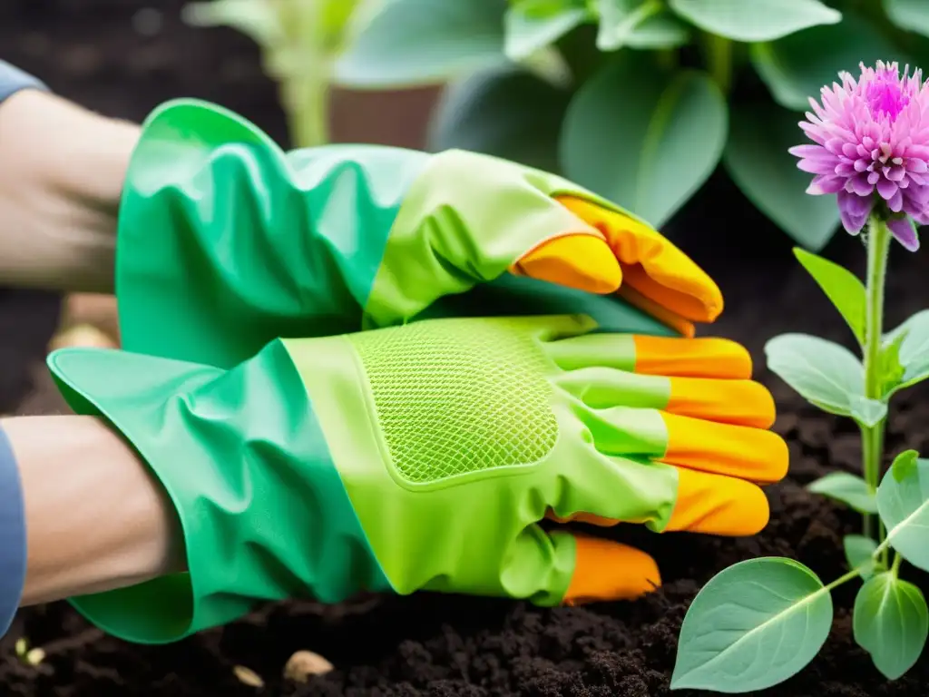 Un par de guantes de jardinería hechos de bioplástico biodegradable, utilizados para plantar flores coloridas en un jardín bien cuidado