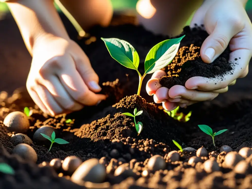 Un par de manos plantando un árbol joven en la tierra oscura y rica