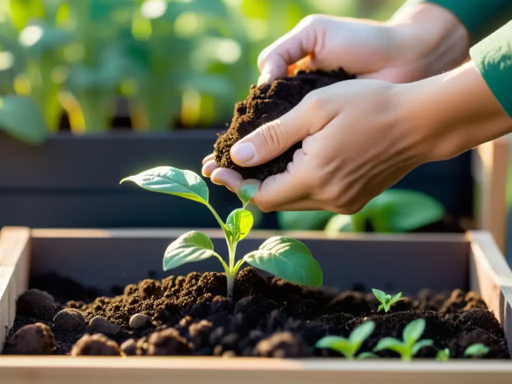 Un par de manos plantan con cuidado una plántula verde en un huerto urbano