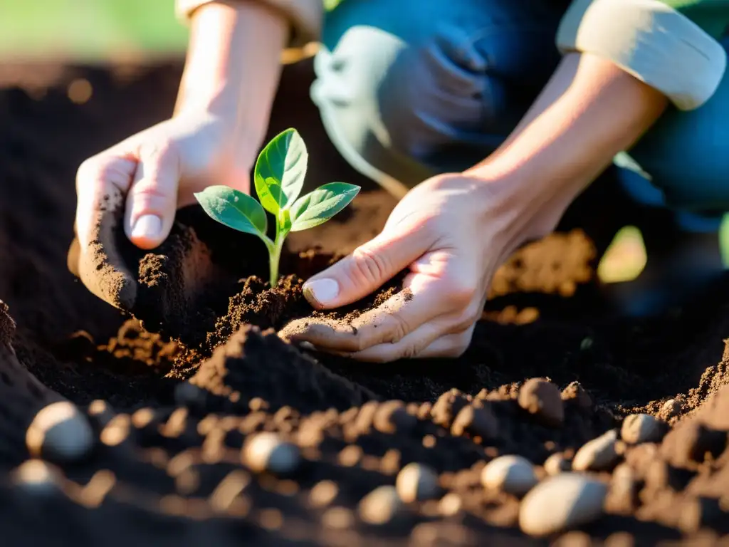 Un par de manos cuidadosas siembran una plántula verde en la tierra fresca, mostrando esperanza y renovación