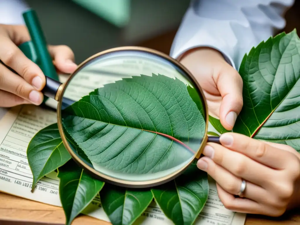 Un par de manos expertas sostienen una lupa sobre una hoja, revelando sus intrincados detalles