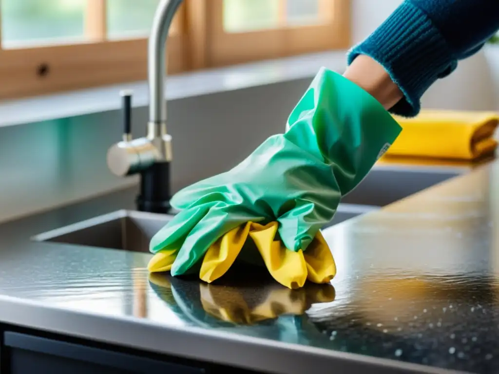 Un par de manos con guantes reutilizables rocían con cuidado una solución de limpieza ecológica en una encimera de cocina de piedra natural