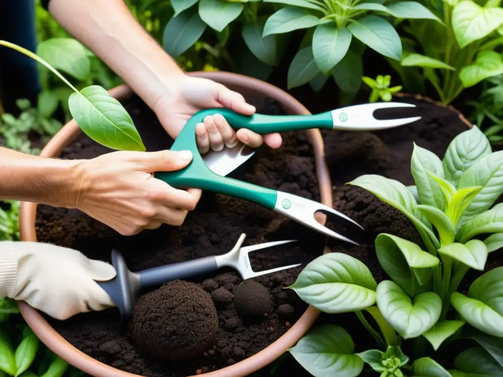 Un par de manos sostienen herramientas de jardinería sostenible en un vibrante lecho de plantas