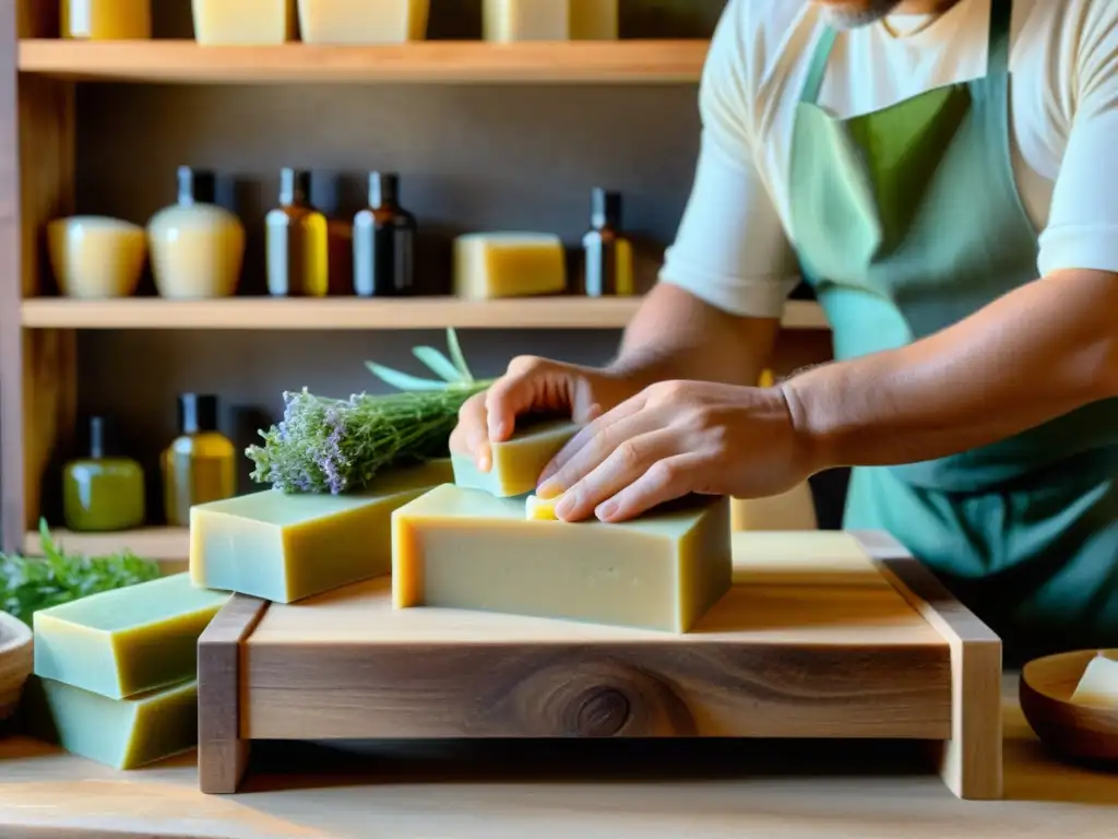 Par de manos elaborando jabones artesanales ecológicos con ingredientes naturales en un taller rústico, transmitiendo dedicación y artesanía