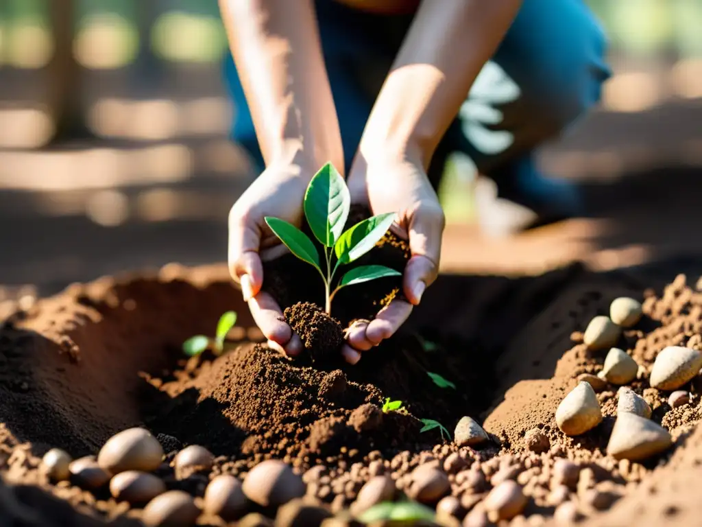 Un par de manos trabajadoras plantan con cuidado un árbol joven en tierra fértil, rodeadas de un frondoso bosque