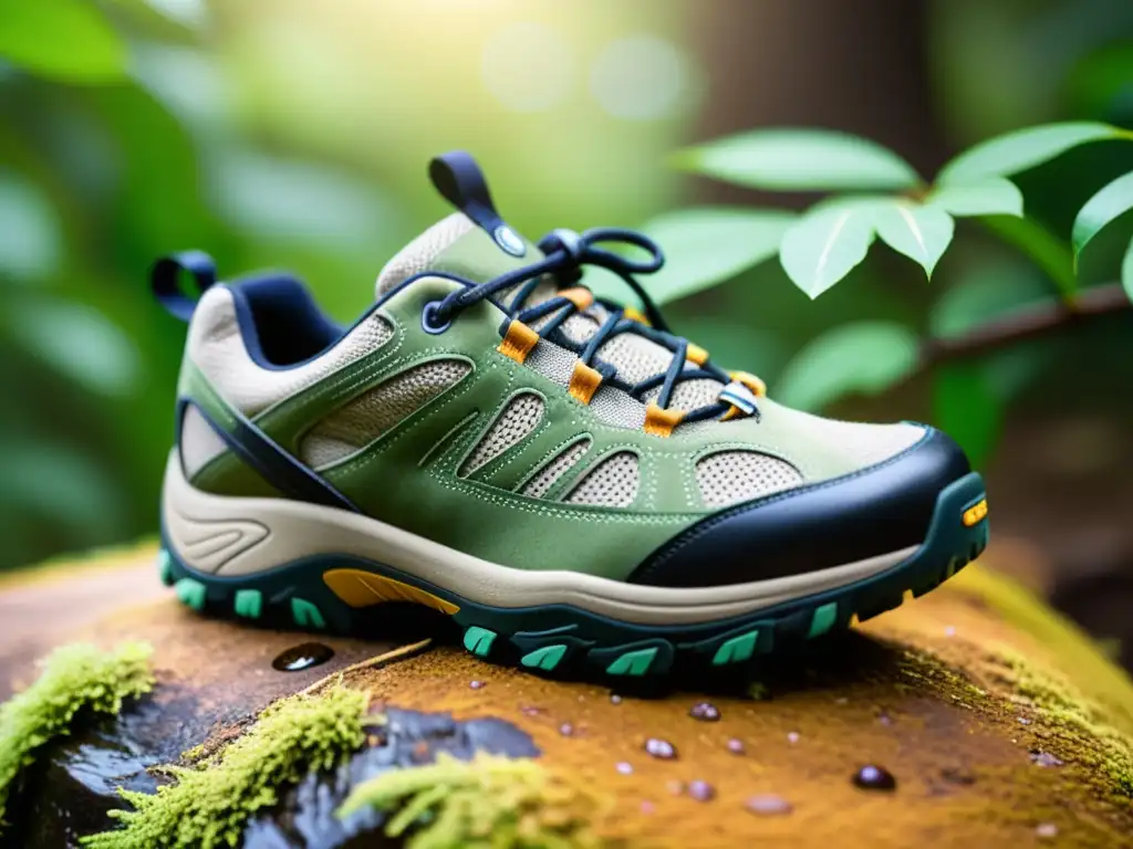 Un par de zapatillas ecológicas para excursiones sostenibles, rodeadas de naturaleza exuberante y luz cálida