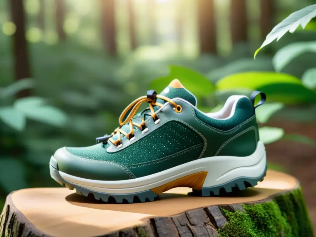 Un par de zapatillas ecológicas para excursiones sostenibles se muestran en primer plano, con un bosque verde de fondo