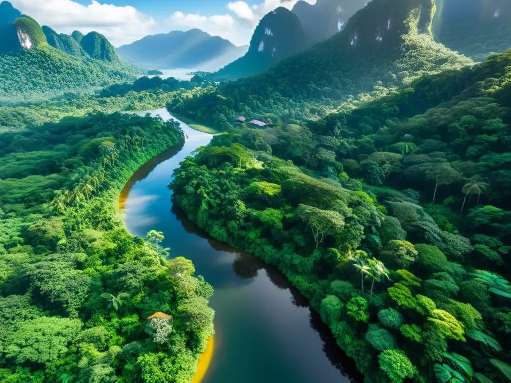 Un paraíso de selva lluviosa con árboles imponentes, plantas exuberantes y un río cristalino