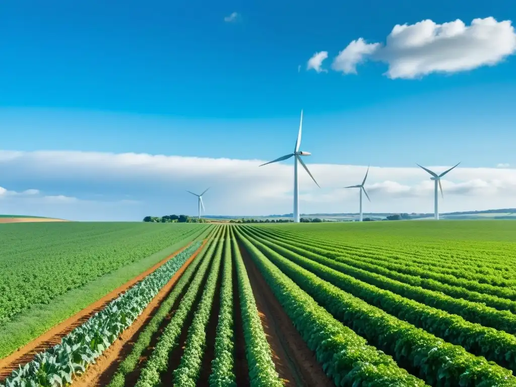 Un paraíso agrícola sostenible bañado por el sol, con cultivos vibrantes y un majestuoso molino de viento girando en armonía