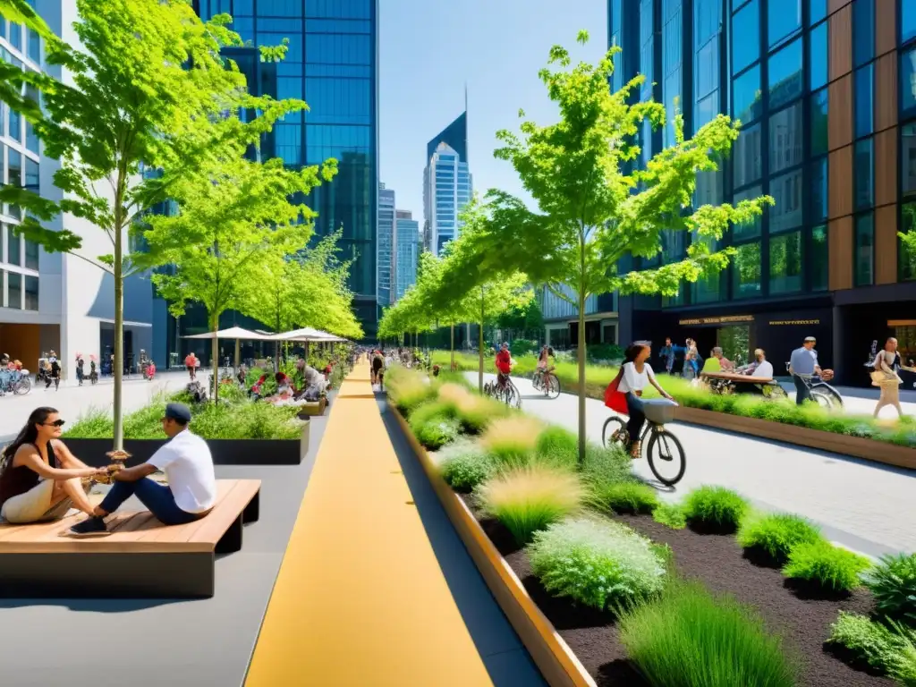 Parque lineal urbano con vegetación exuberante, personas disfrutando del espacio y rascacielos al fondo