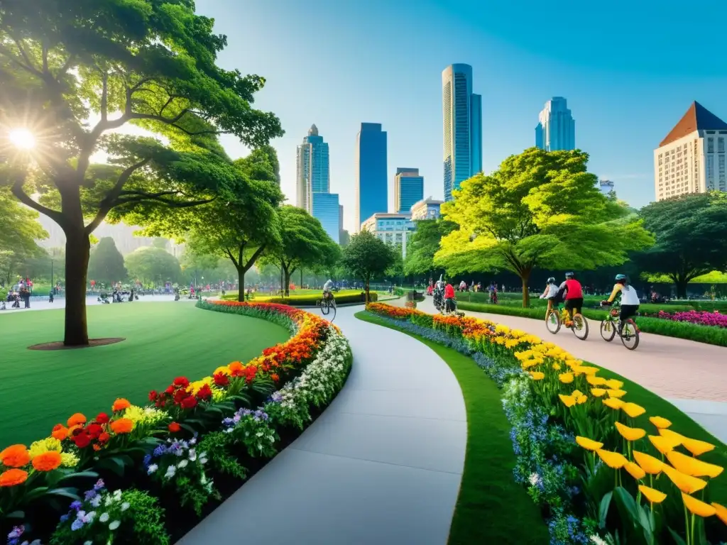 Parque urbano con corredores verdes, flores vibrantes y altos árboles, contrastando con la ciudad