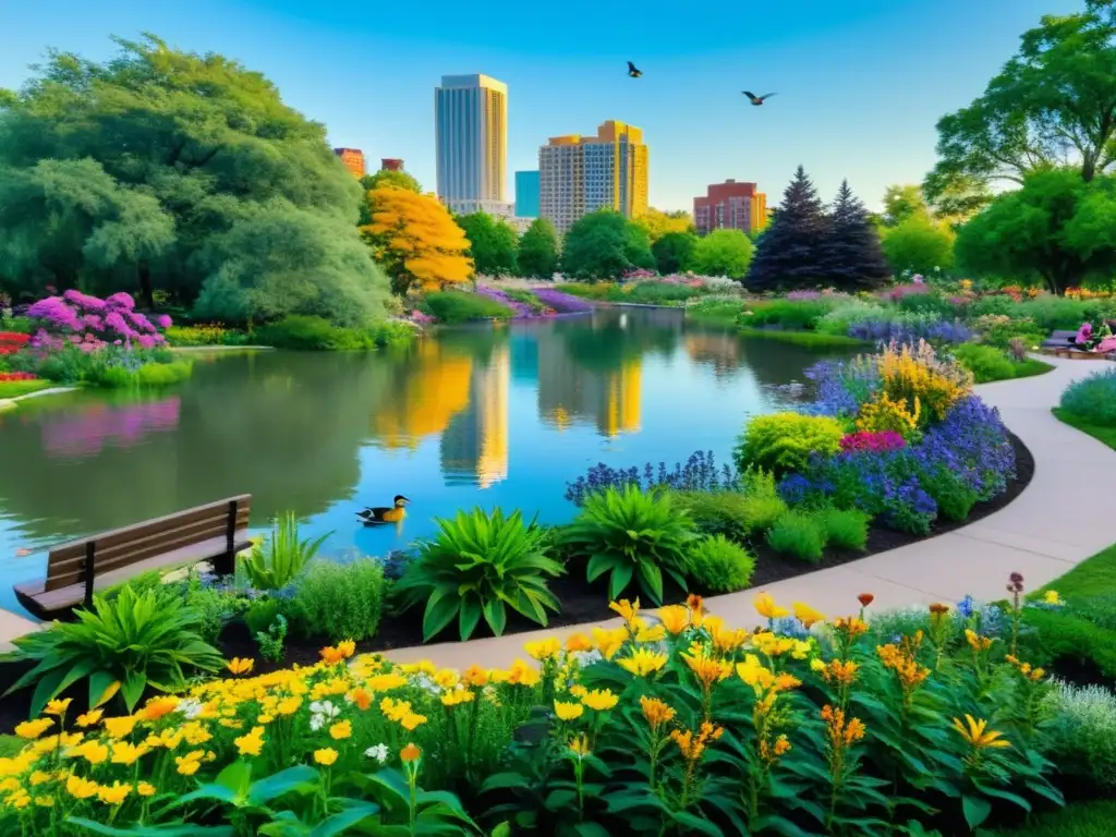 Un parque urbano exuberante con plantas nativas, flores silvestres y vida silvestre