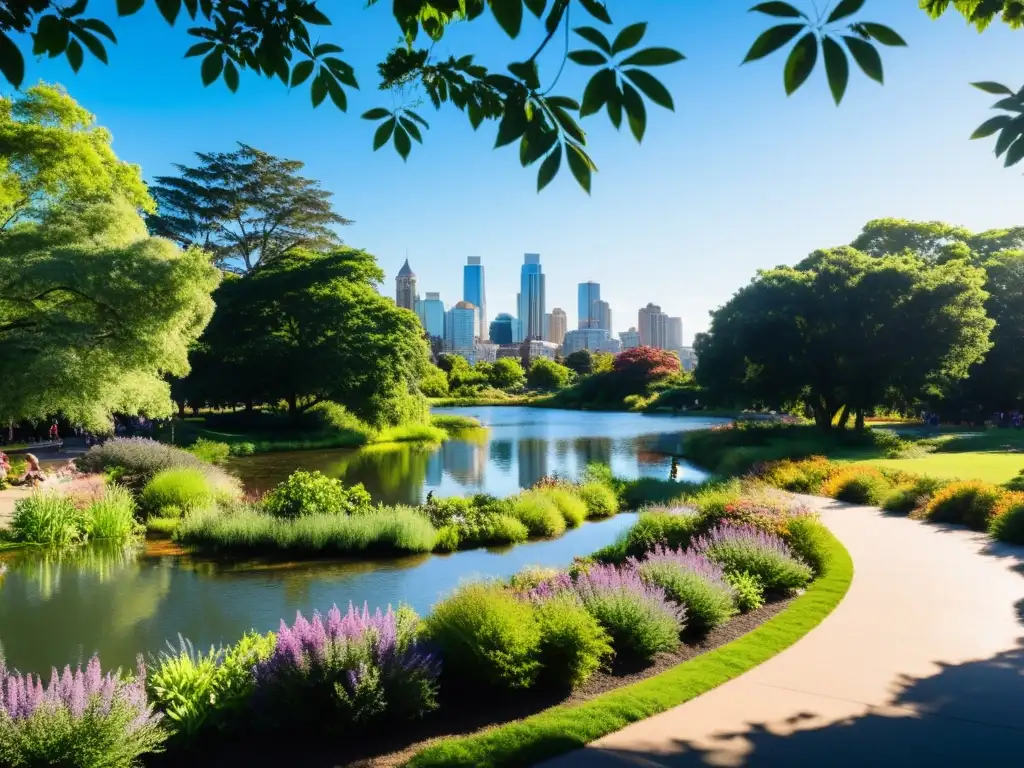 Parque urbano sostenible con biodiversidad y armonía entre naturaleza y ciudad