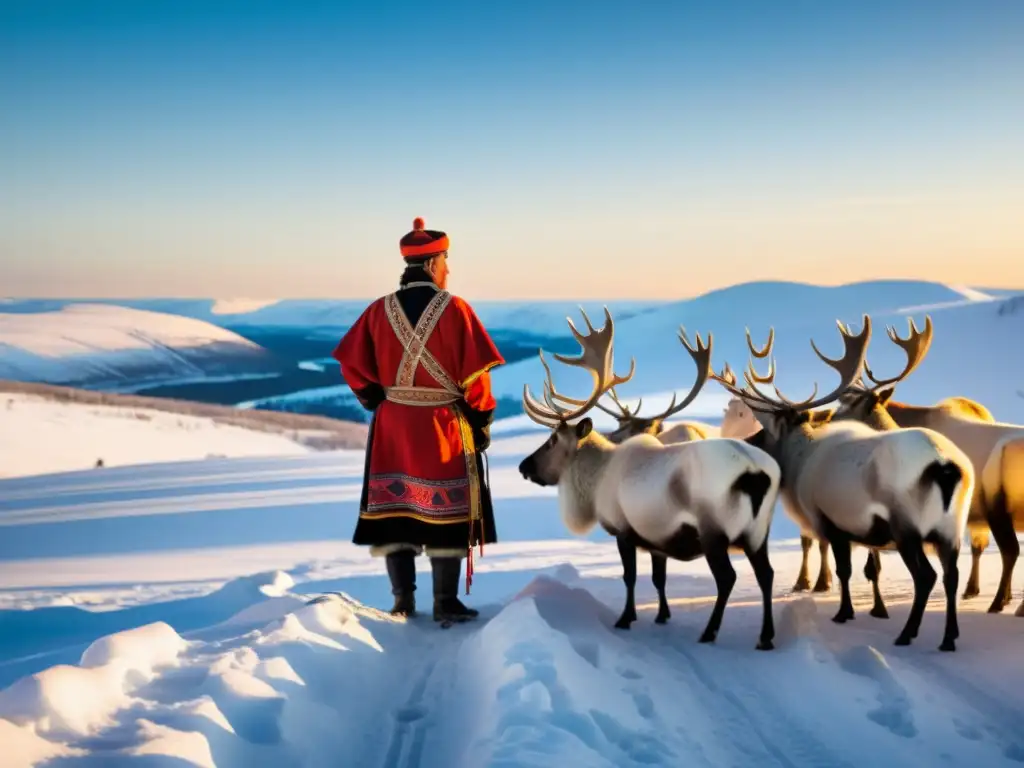 Un pastor tradicional de renos Sami en un paisaje helado al atardecer