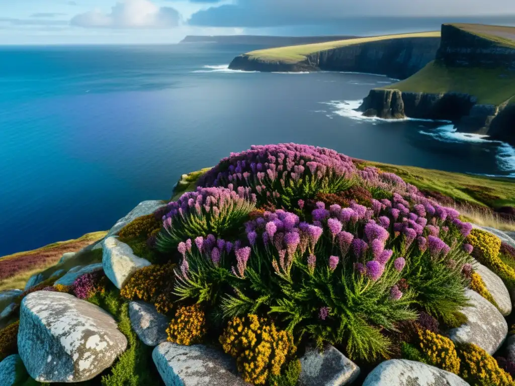 Patrimonio Natural Islas Orcadas Escocia: Detalle de una planta de brezo púrpura en los acantilados frente al mar