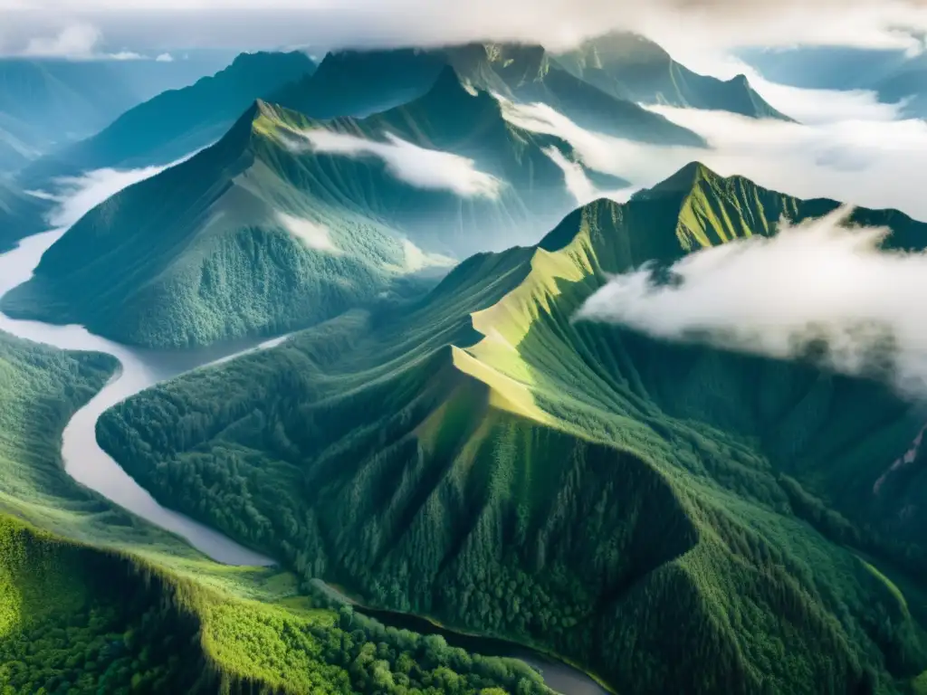 Patrones climáticos ecosistemas montañosos: Vista aérea de una cadena montañosa envuelta en niebla, con picos asomando entre las nubes